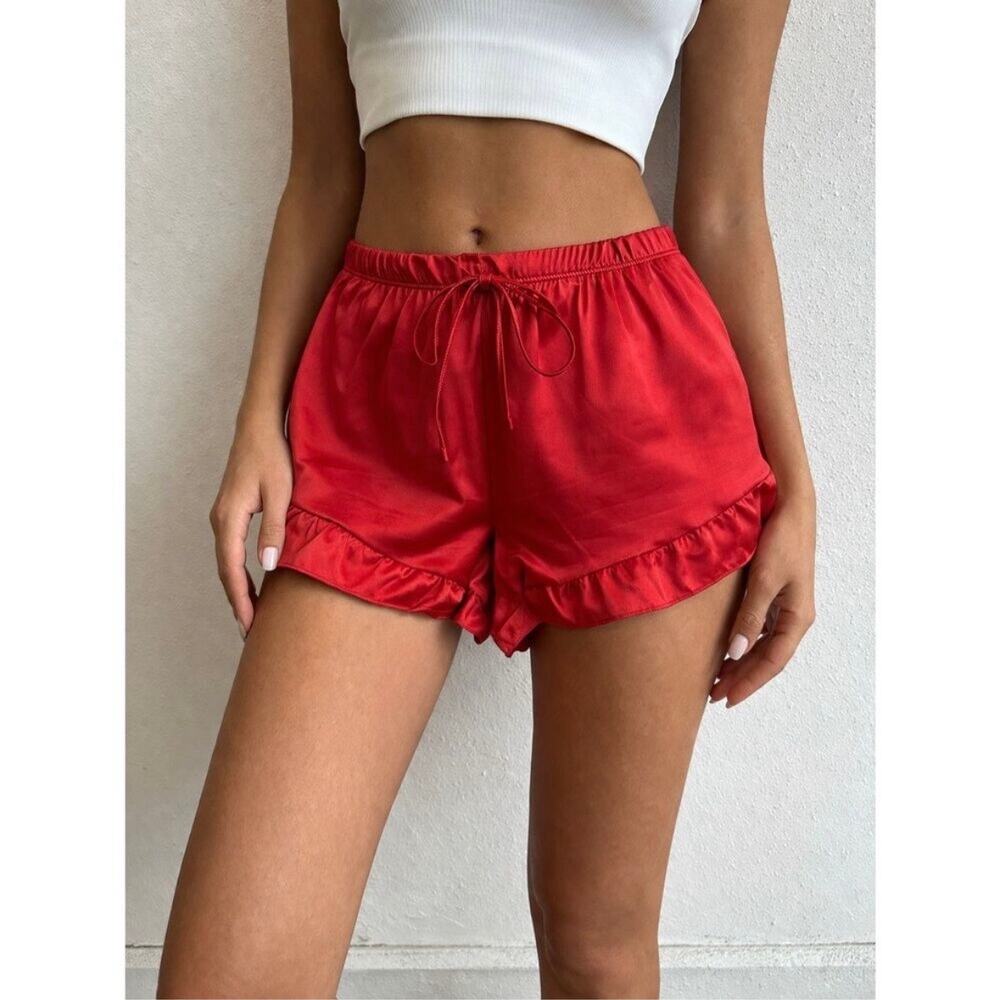 Rachel Roy Silky Flirty Red Satin Ruffle Sleep Shorts Lingerie Loungewear -small